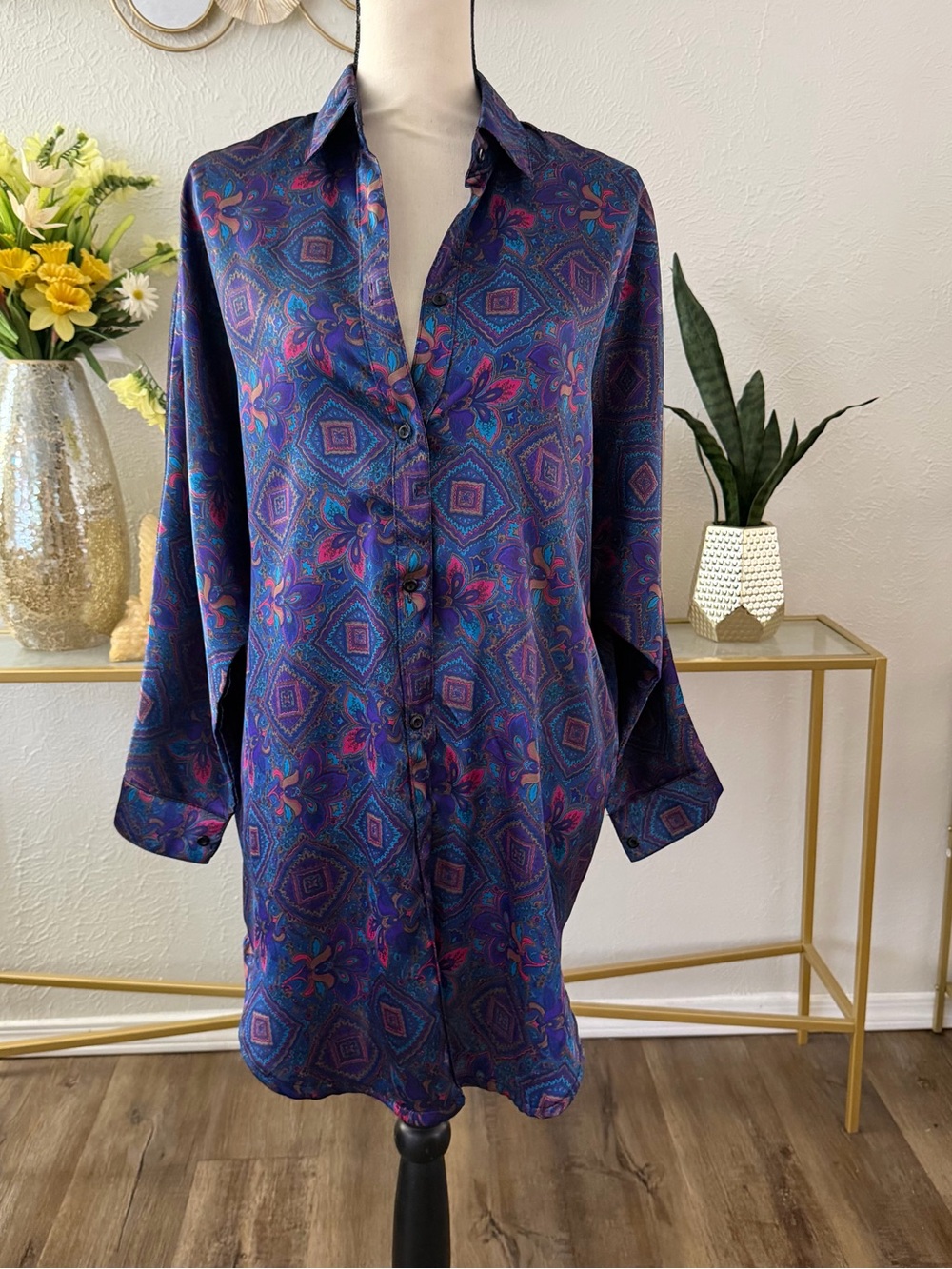 Vintage Chardini Satin Bohemian Button down mini dress